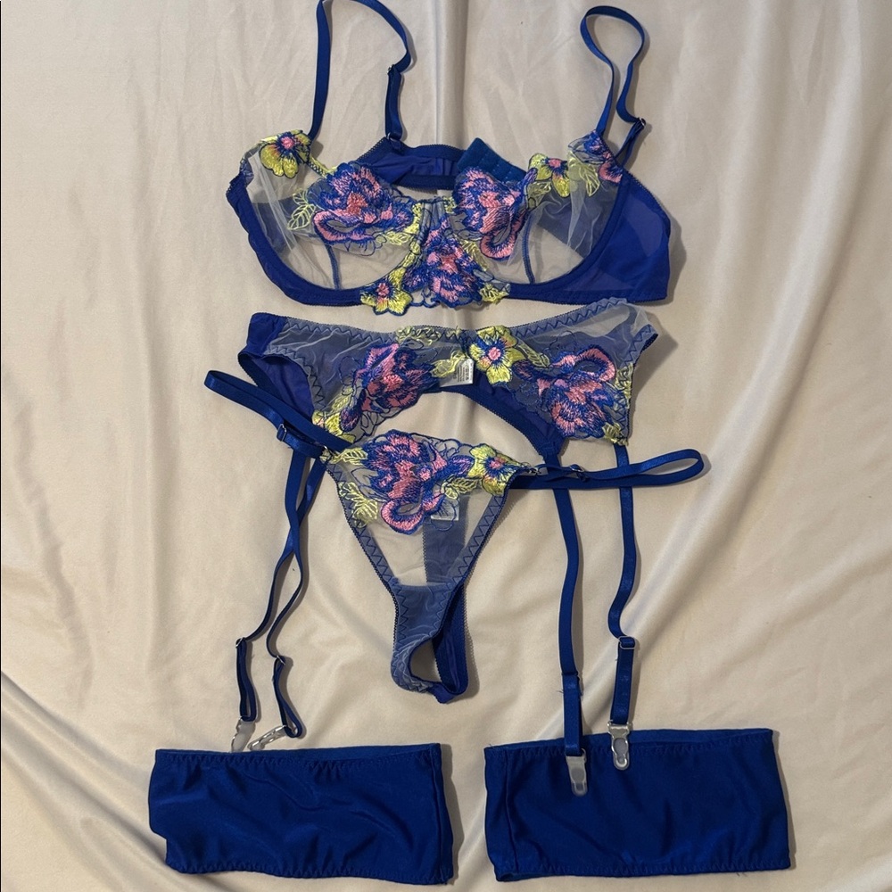 Vibrant Blue Floral Embroidered Bra Set